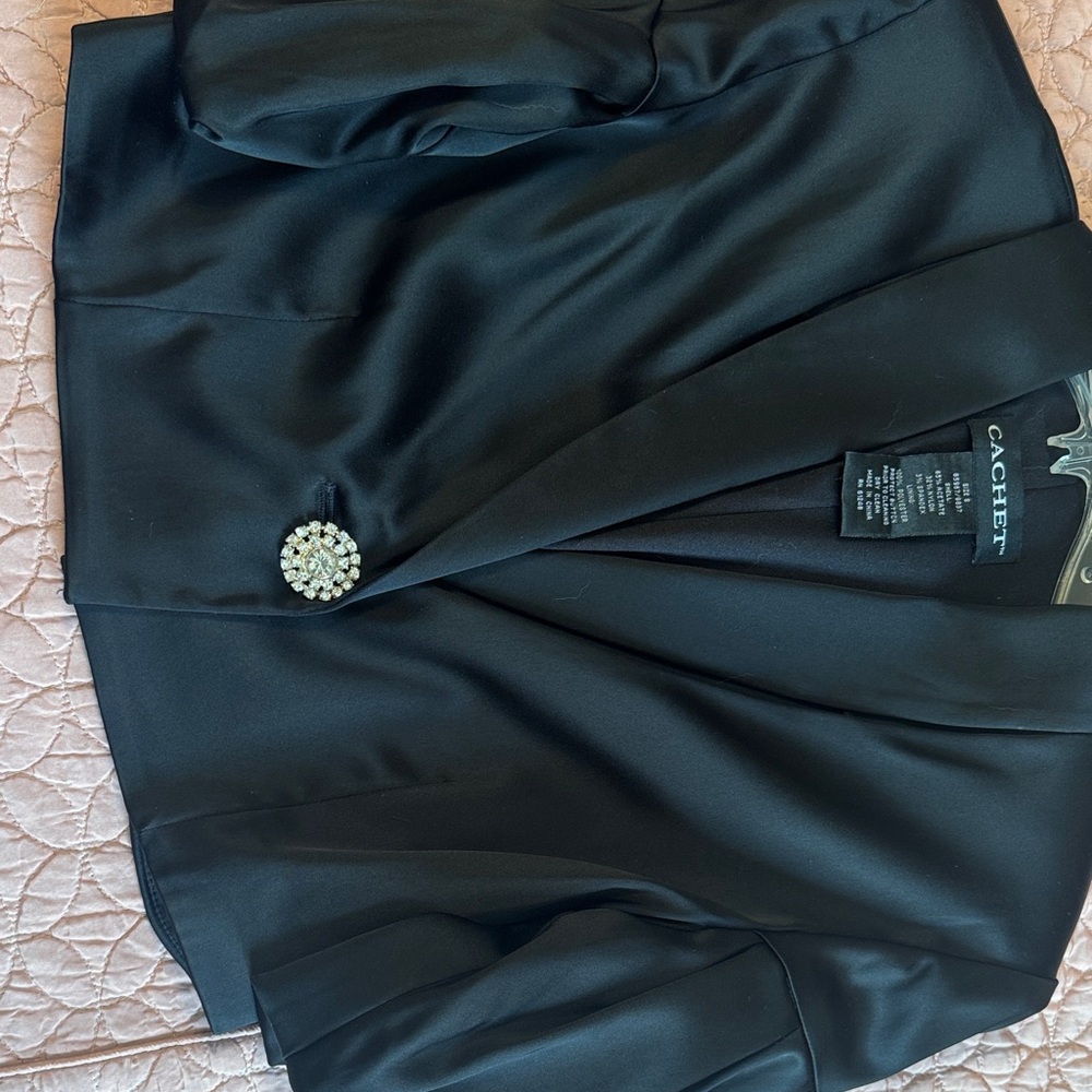 Cachet Black Satin Jacket with Jewel Button